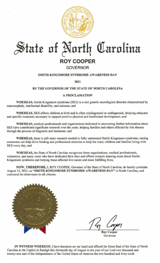 State of North Carolina proclamation for SKS Awareness Day