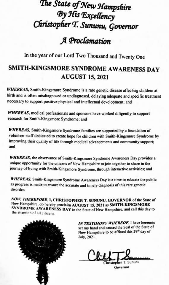 State of New Hampshire proclamation for SKS Awareness Day